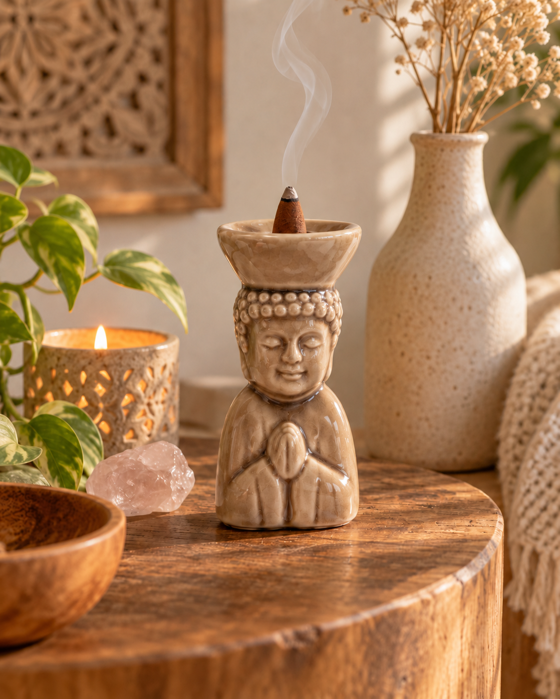 Buddha Rökelsekonhållare i Keramik – Grå