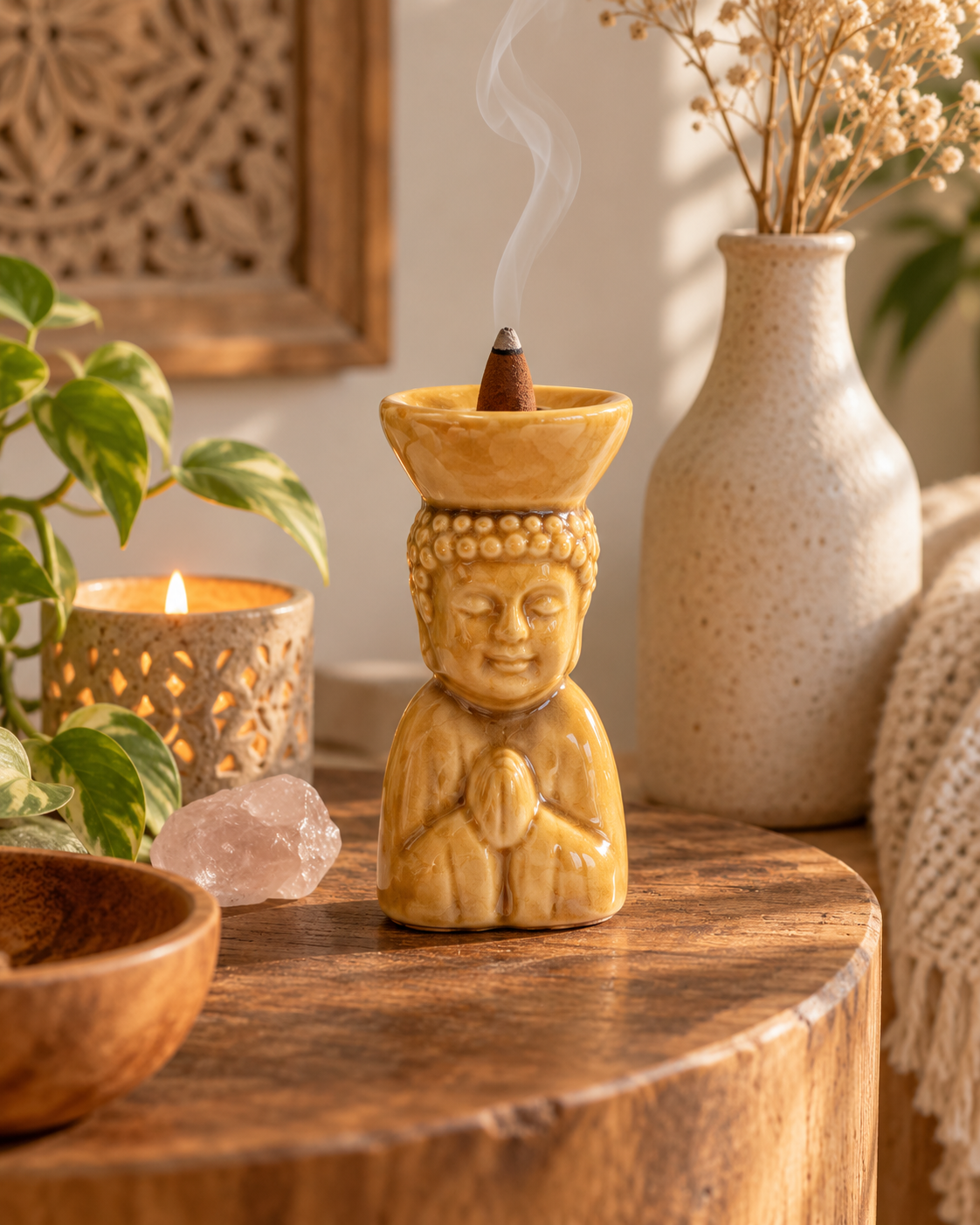 Buddha Rökelsekonhållare i Keramik – Gul