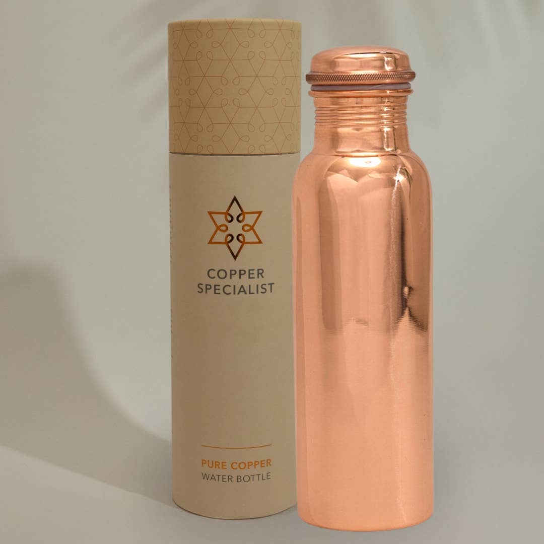 Handgjord kopparflaska i tung kvalitet – högpolerad, ca 750 ml