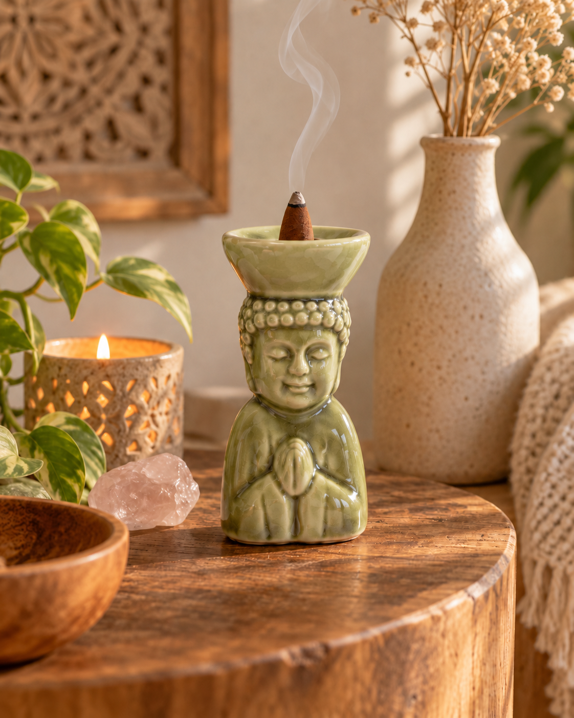 Buddha Rökelsekonhållare i Keramik – Grön